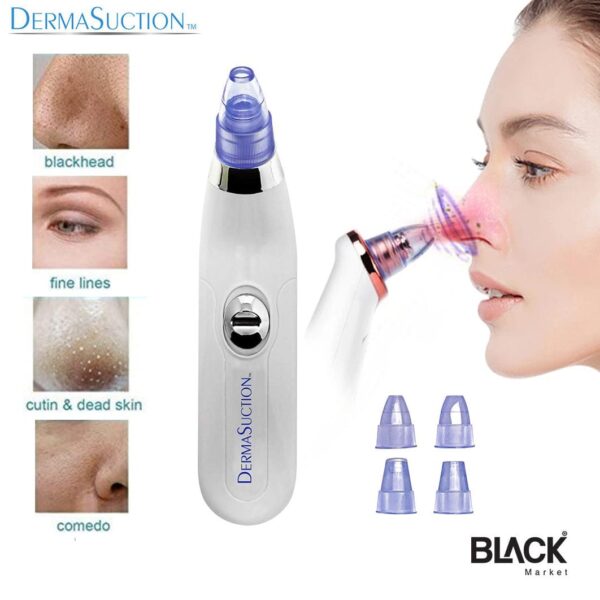Derma Suction Blackhead Remover - Cell Operated Vacuum Pore Cleaner | 3 Power Levels | USB Rechargeable | Painless Comedone Extractor for Face/Nose | Includes 4 Suction Heads