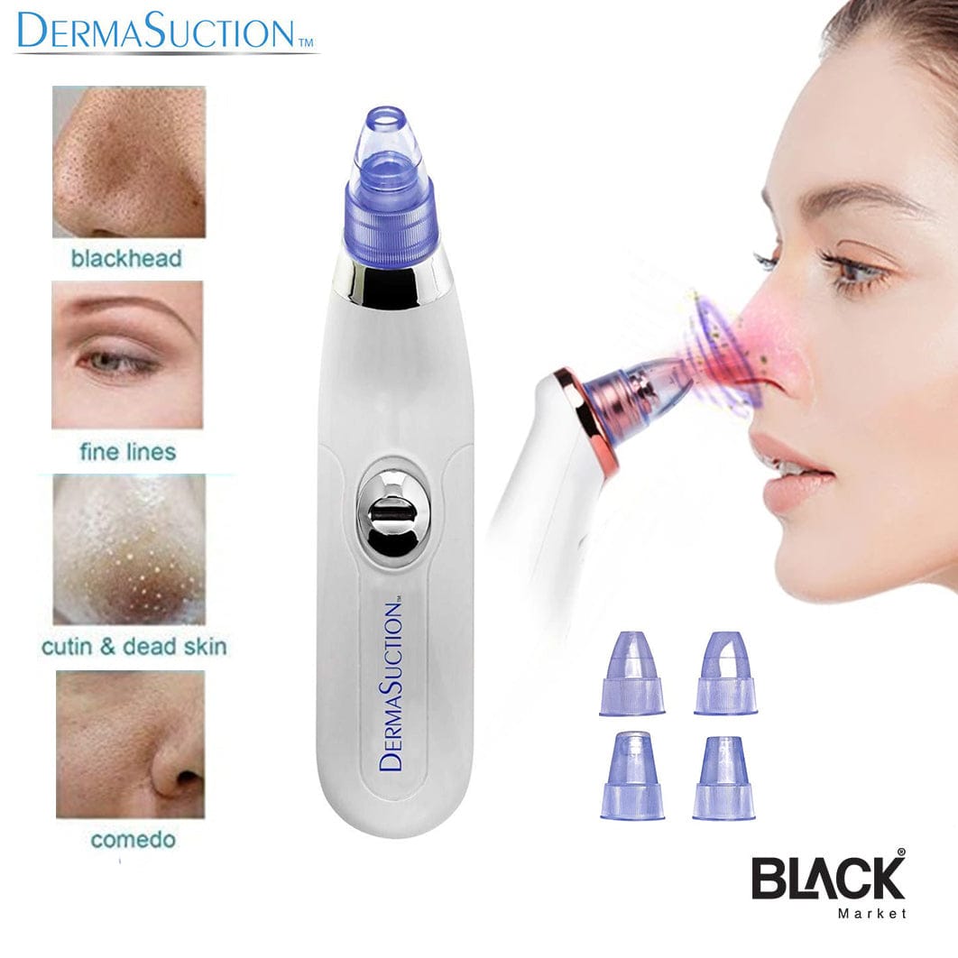 Derma Suction Blackhead Remover - Cell Operated Vacuum Pore Cleaner | 3 Power Levels | USB Rechargeable | Painless Comedone Extractor for Face/Nose | Includes 4 Suction Heads