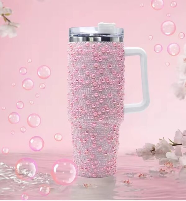 40oz (1200ml) Rhinestone Studded Tumbler with Handle & Straw – Insulated Stainless Steel Travel Mug, Double-Wall Vacuum Flask – Keeps Hot/Cold 12+ Hours – for Women, Girls (White, Random Colors)