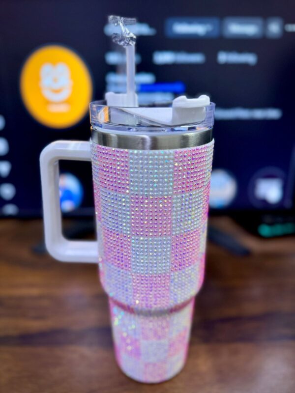 40oz (1200ml) Rhinestone Studded Tumbler with Handle & Straw – Insulated Stainless Steel Travel Mug, Double-Wall Vacuum Flask – Keeps Hot/Cold 12+ Hours – for Women, Girls (White, Random Colors) - Image 4