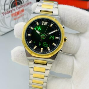 Double Time Edition Men's Watch – Stainless Steel Chain, Day/Date, Alarm, Stopwatch, Illuminated Light – Water Resistant Digital Watch (Model L-237)