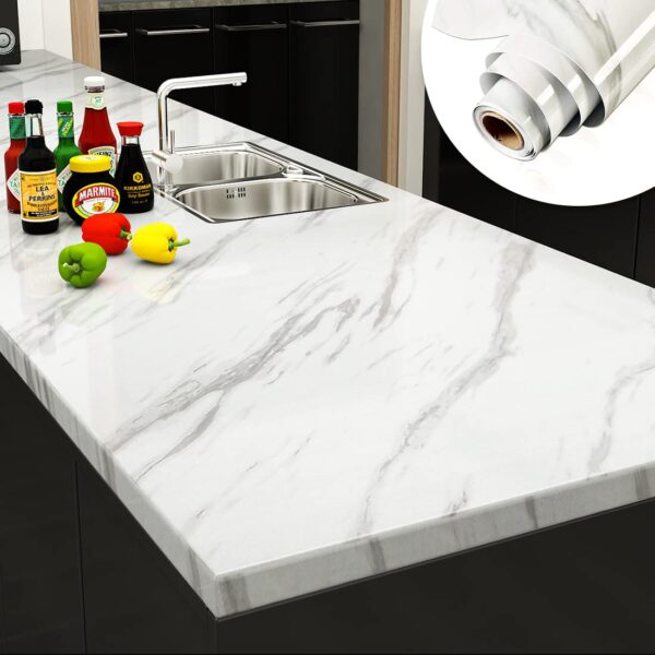Premium Black & White Marble Contact Paper - Waterproof Peel & Stick Vinyl Wrap for Countertops, Kitchen Cabinets, Furniture (Glossy Finish, Easy Install) - 45cm x 300cm Roll - Image 2
