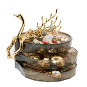 Elegant Swan-Shaped Jewelry Organizer – 3-Tier Necklace & Earring Holder – Anti-Tarnish Velvet Display Stand – Compact Jewelry Box for Rings, Bracelets, Bangles – Perfect Gift for Women & Girls (White/Gold)