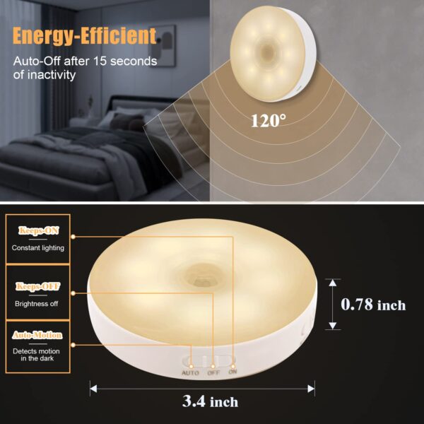 Rechargeable LED Motion Sensor Night Light - Auto On/Off Round Wall Lamp, USB Charging, Self-Adhesive, 3 Lighting Modes, 1200mAh Battery - for Bedroom, Bathroom, Hallway, Stairs - Image 4