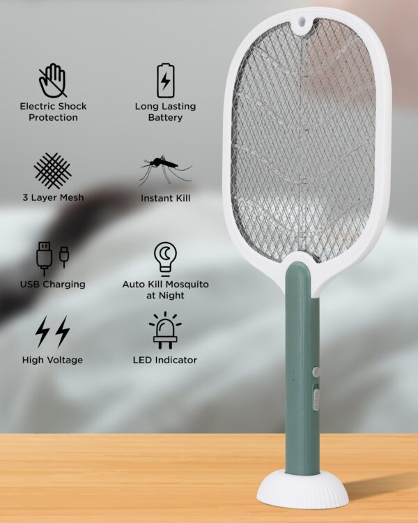 Mosquito Killer Racket Bat with Base Stand - USB Rechargeable Electric Fly Swatter (Lithium Battery)