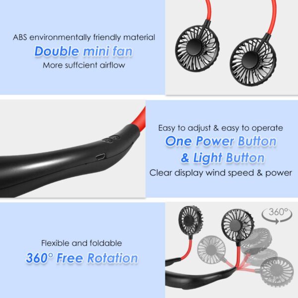 Neck Fan - Portable USB Rechargeable Hands-Free Bladeless Fan, 3 Speed Adjustable, 360° Rotation, LED Display, Lightweight Mini Sports Fan for Travel, Office, Home, Outdoor, Gym - Image 4