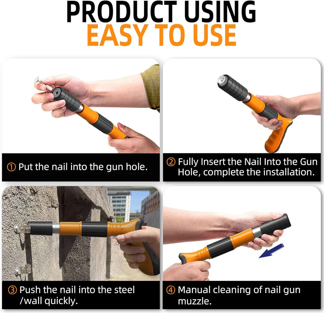 Heavy-Duty Concrete Nail Gun Kit with 10 Free Nails | Pneumatic/Manual Operation | High-Speed Nail Driver for Brick, Steel, Wood | Construction, Carpentry & DIY Projects - Image 3