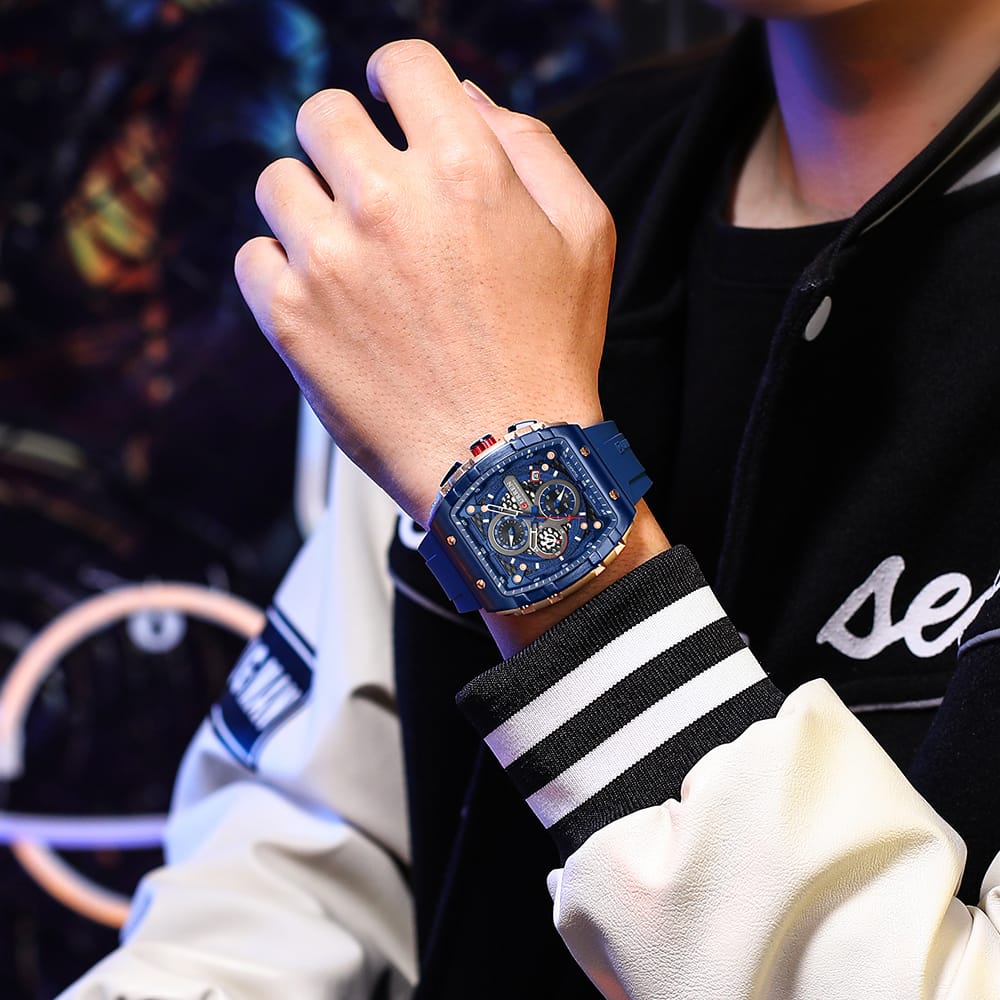 Chronograph Watch for Men - Luxury Sports Watch with Working Stopwatch, Date, Silicone Rubber Strap, Water Resistant, Two Colors (Black/Blue) - Image 6