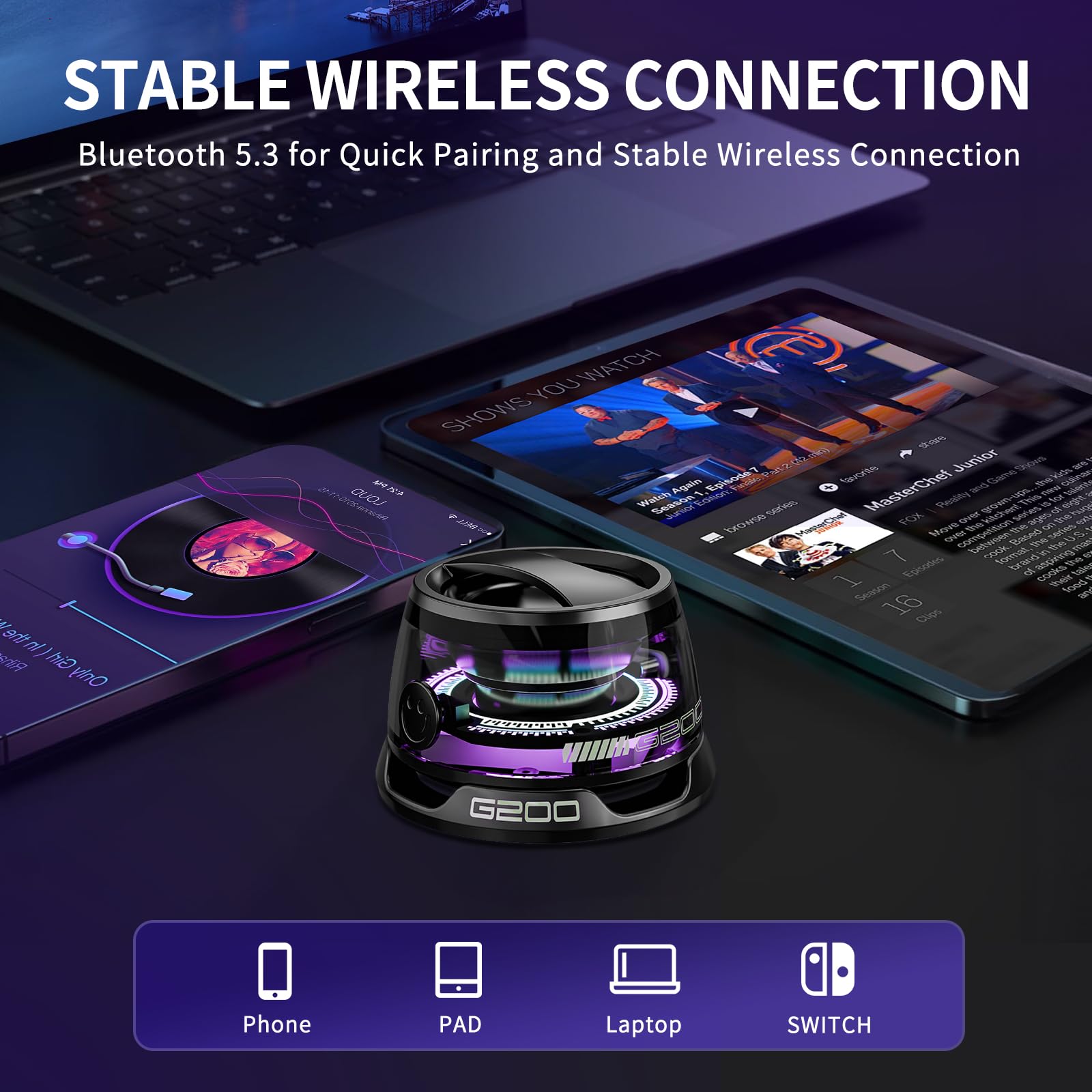 G200 Magnetic Bluetooth Speaker | Portable Mini Speaker with Phone Stand, RGB Lights, Game Mode, 7H Playtime | Wireless, Bass Boost, Perfect for Teens, Camping, Home Decor, Gifts - Image 6