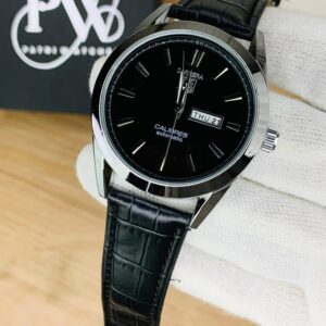 Premium Day-Date Men's Watch with Master Lock Clasp | Genuine Leather Strap, Quartz Movement, Water Resistant | Elegant Dress Watch for Business & Formal Wear