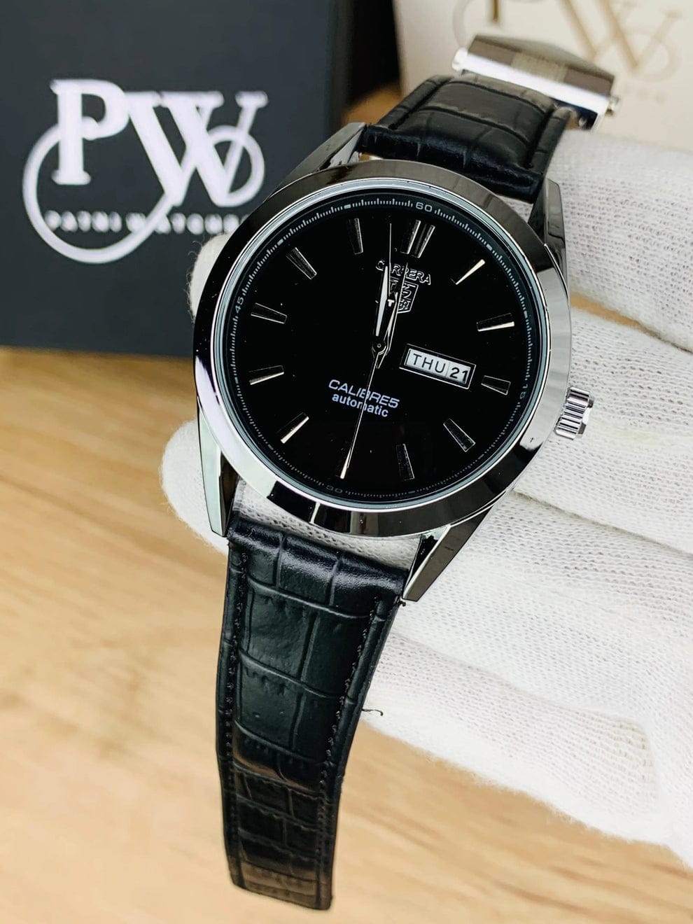 Premium Day-Date Men's Watch with Master Lock Clasp | Genuine Leather Strap, Quartz Movement, Water Resistant | Elegant Dress Watch for Business & Formal Wear