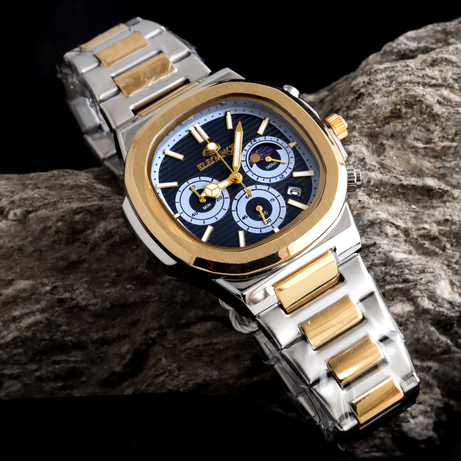 ELEGANCE 2048 Men's Chronograph Watch | Square Dial with Moon Phase & Date | Quartz Movement | Butterfly Lock Clasp | Multiple Colors | Gift Box & Bag - Image 3