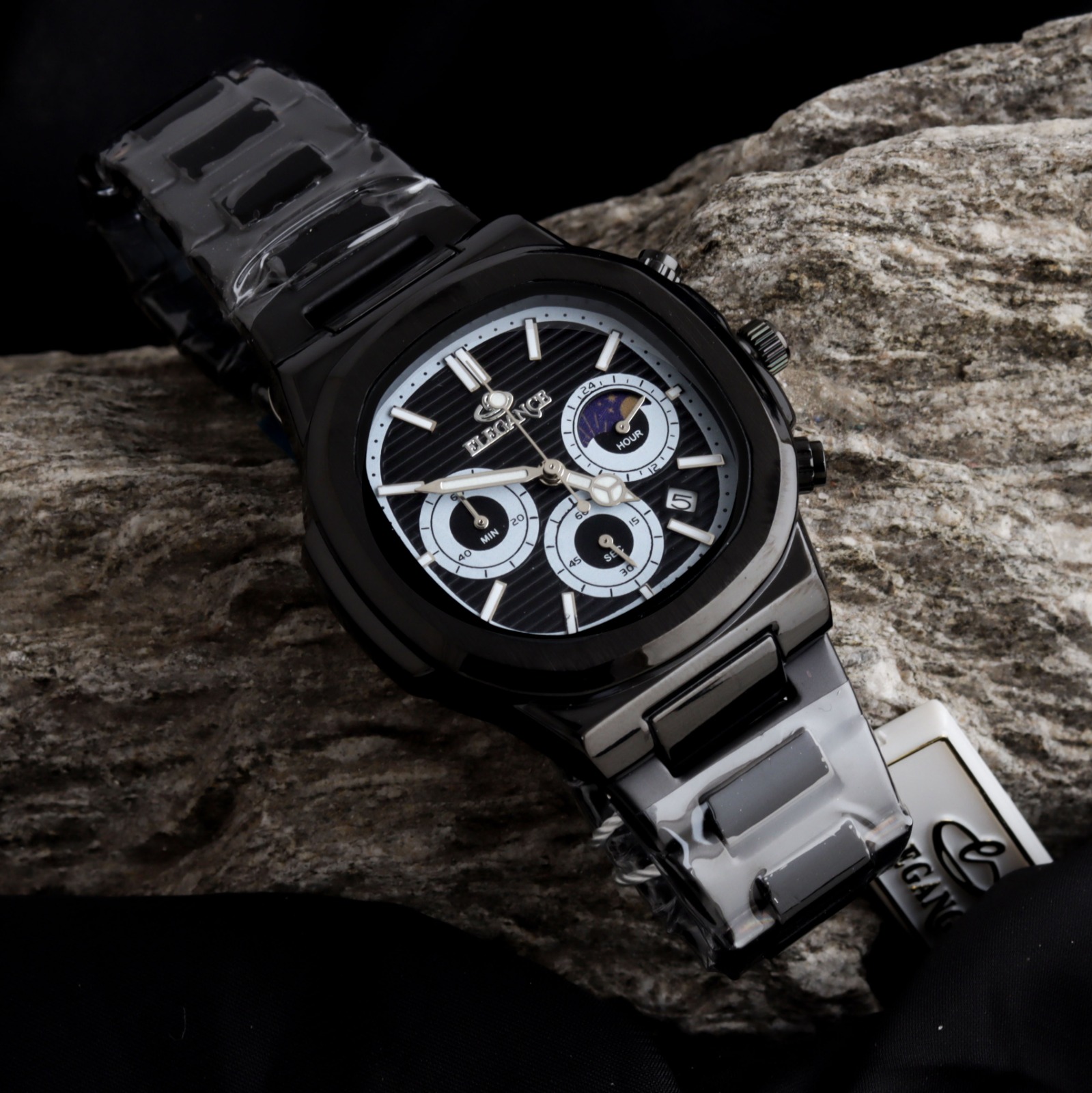 ELEGANCE 2048 Men's Chronograph Watch | Square Dial with Moon Phase & Date | Quartz Movement | Butterfly Lock Clasp | Multiple Colors | Gift Box & Bag - Image 2