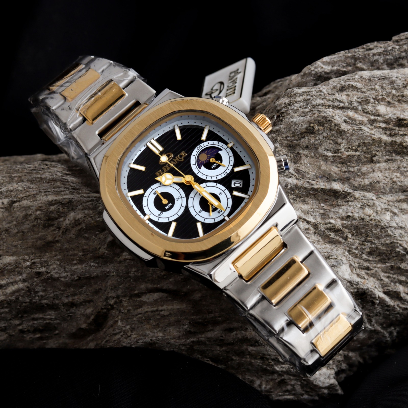ELEGANCE 2048 Men's Chronograph Watch | Square Dial with Moon Phase & Date | Quartz Movement | Butterfly Lock Clasp | Multiple Colors | Gift Box & Bag - Image 5
