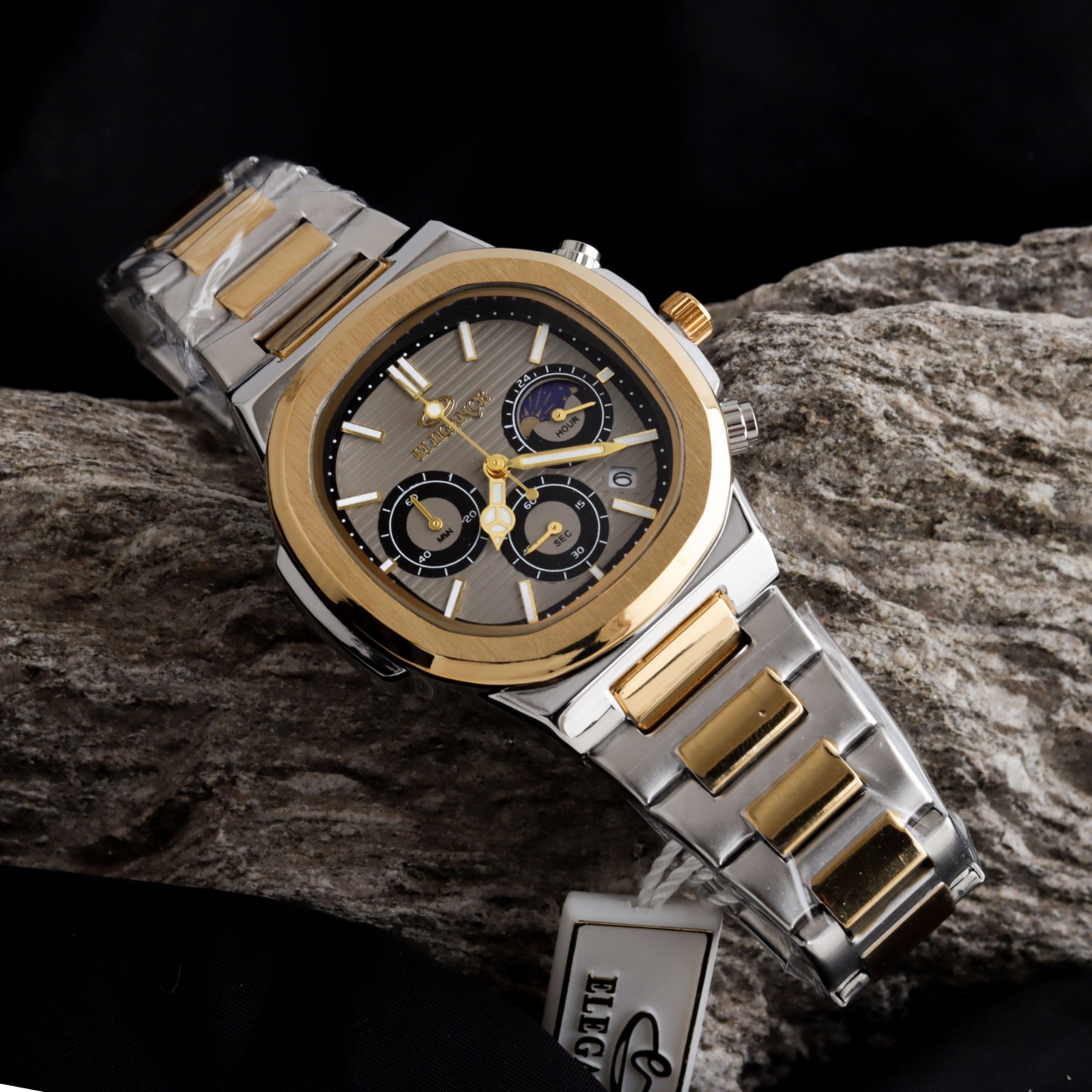 ELEGANCE 2048 Men's Chronograph Watch | Square Dial with Moon Phase & Date | Quartz Movement | Butterfly Lock Clasp | Multiple Colors | Gift Box & Bag - Image 4