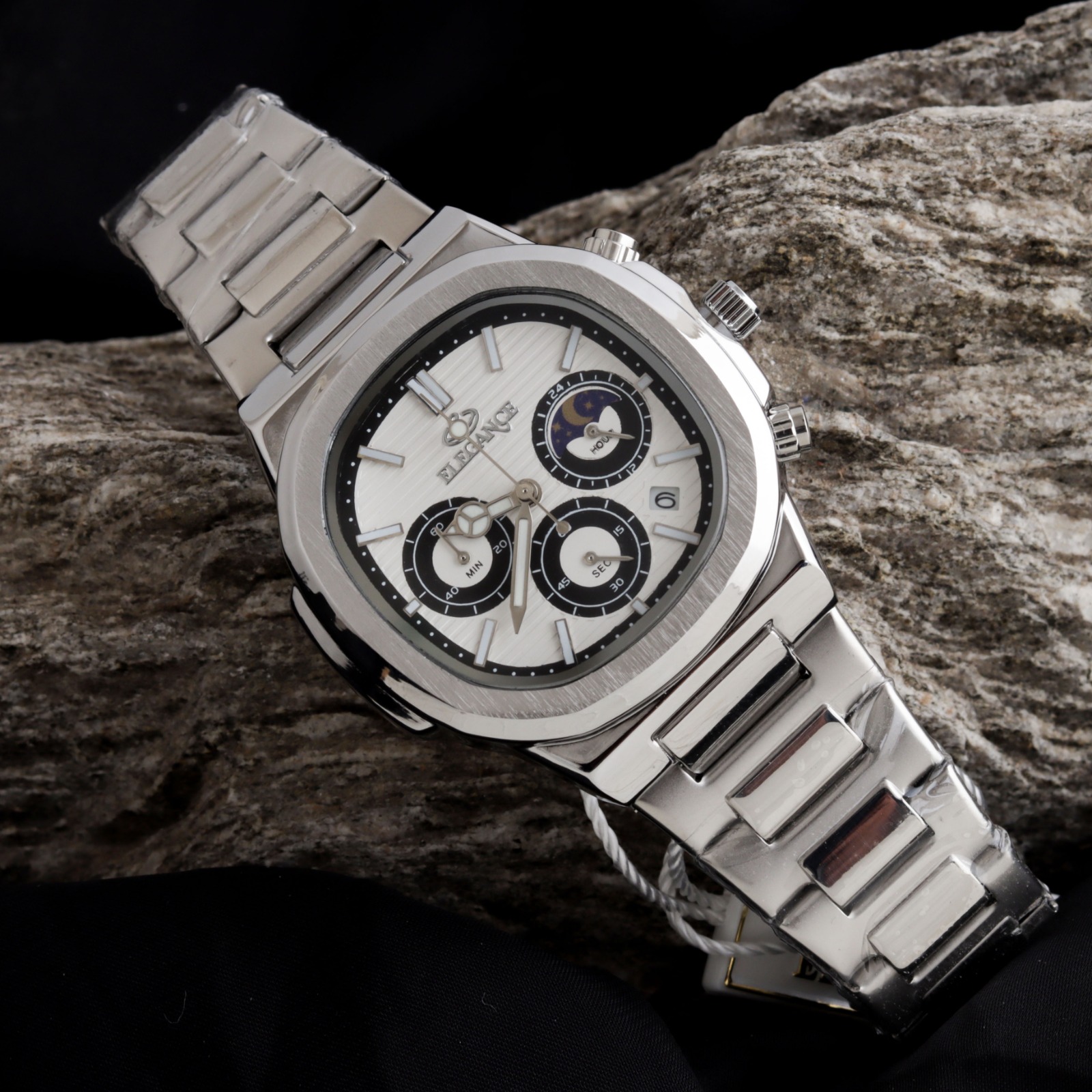 ELEGANCE 2048 Men's Chronograph Watch | Square Dial with Moon Phase & Date | Quartz Movement | Butterfly Lock Clasp | Multiple Colors | Gift Box & Bag - Image 13