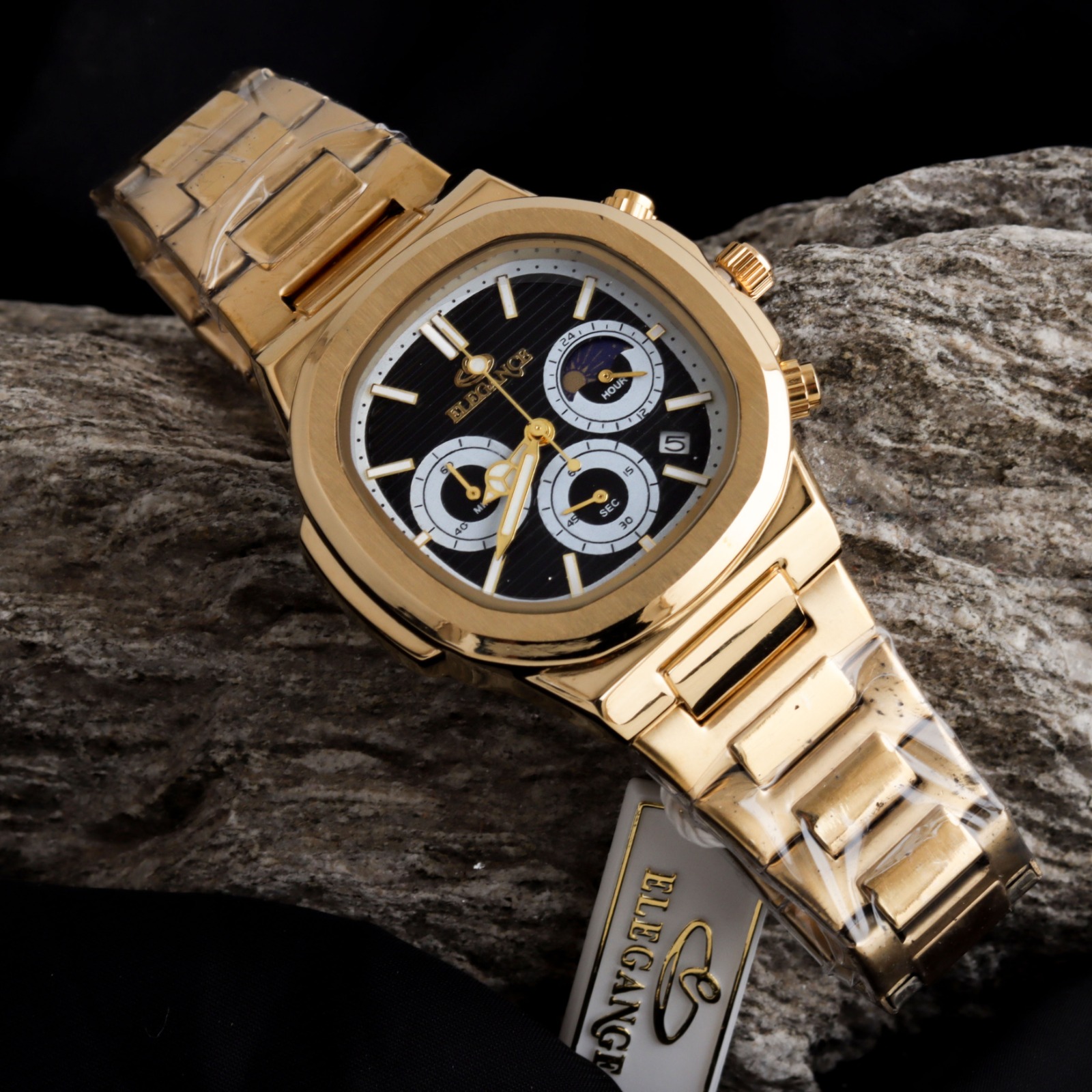 ELEGANCE 2048 Men's Chronograph Watch | Square Dial with Moon Phase & Date | Quartz Movement | Butterfly Lock Clasp | Multiple Colors | Gift Box & Bag - Image 7