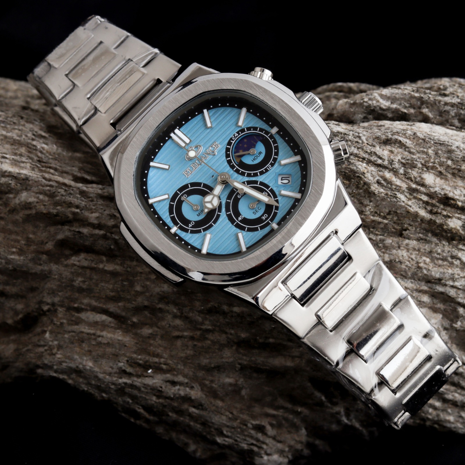 ELEGANCE 2048 Men's Chronograph Watch | Square Dial with Moon Phase & Date | Quartz Movement | Butterfly Lock Clasp | Multiple Colors | Gift Box & Bag