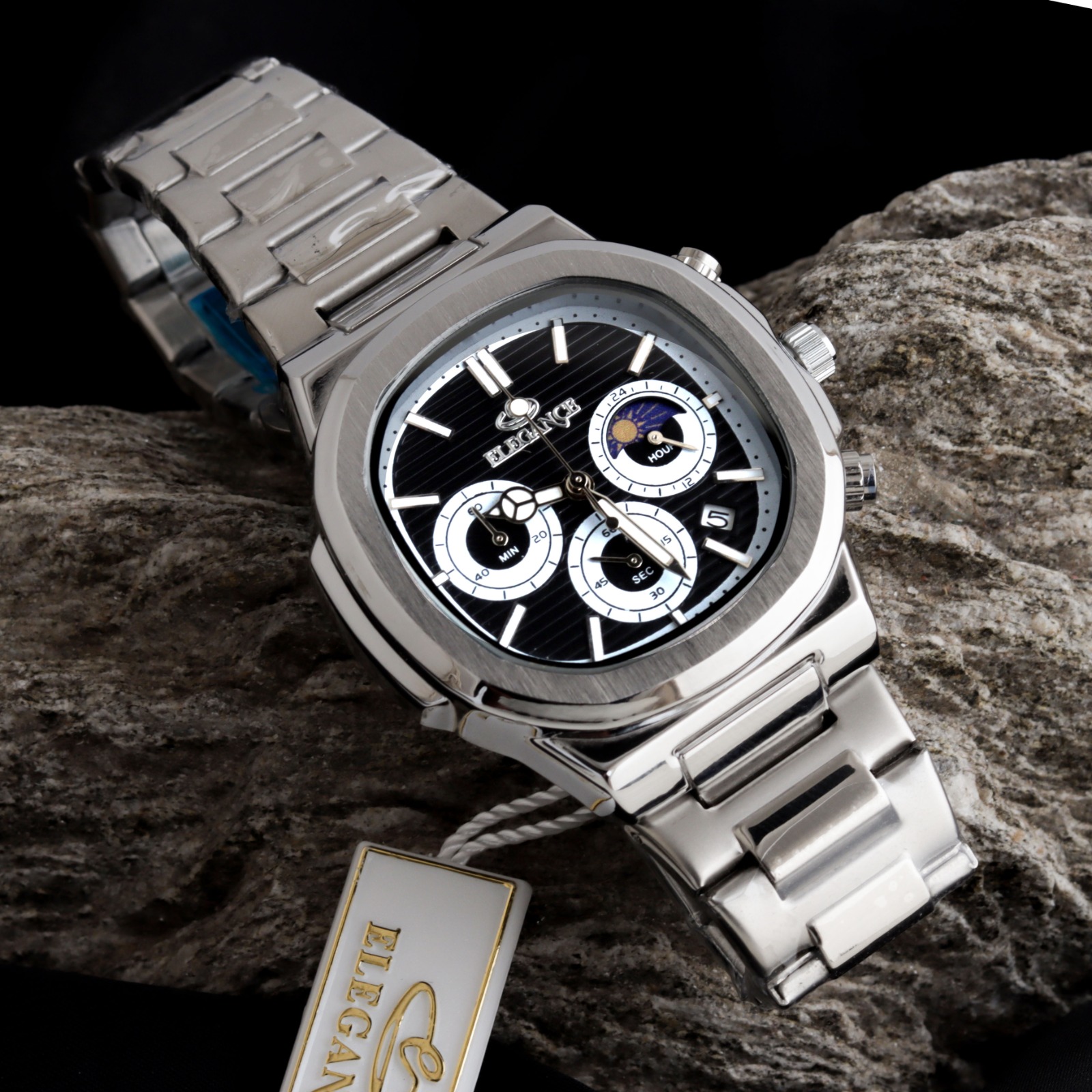 ELEGANCE 2048 Men's Chronograph Watch | Square Dial with Moon Phase & Date | Quartz Movement | Butterfly Lock Clasp | Multiple Colors | Gift Box & Bag - Image 6
