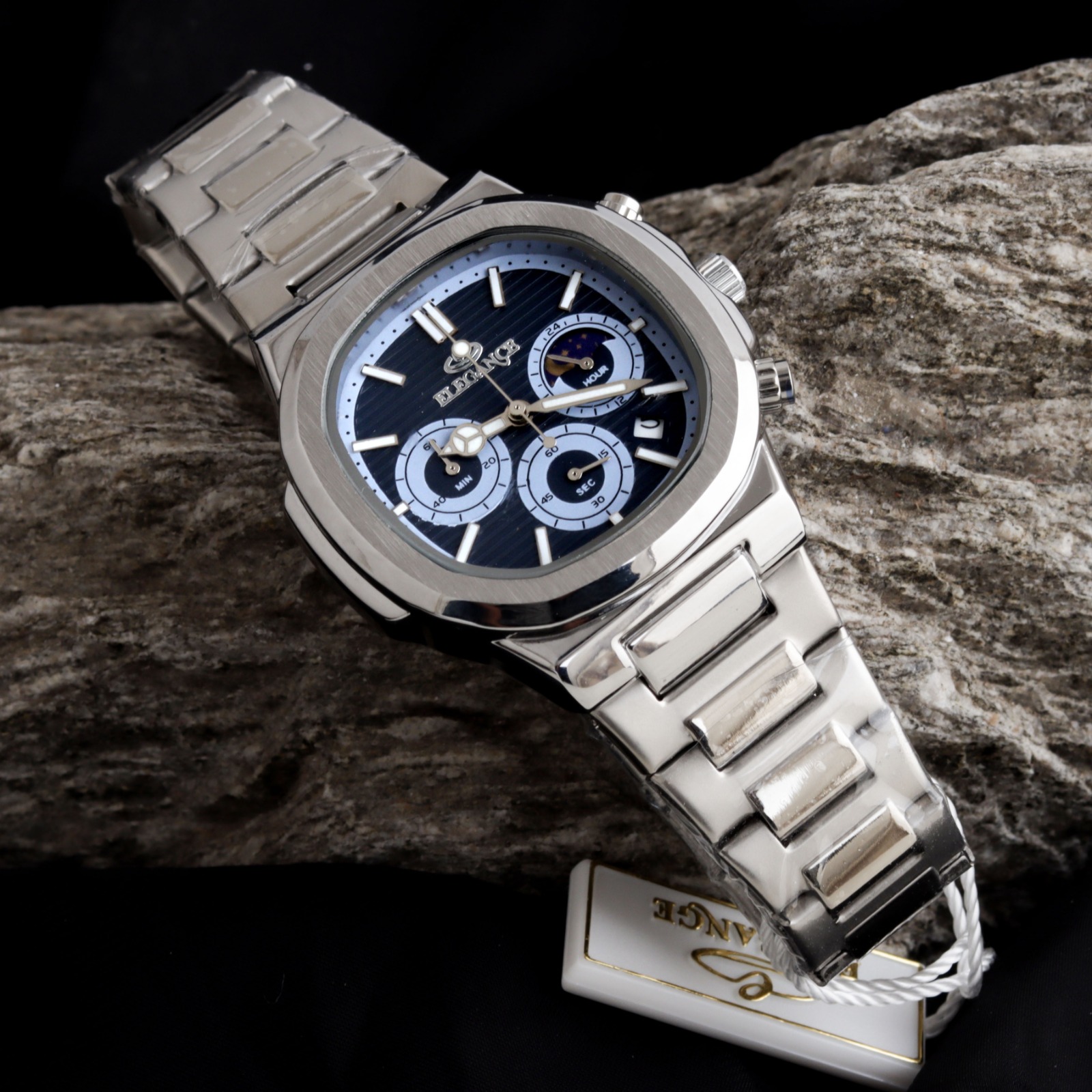 ELEGANCE 2048 Men's Chronograph Watch | Square Dial with Moon Phase & Date | Quartz Movement | Butterfly Lock Clasp | Multiple Colors | Gift Box & Bag - Image 10