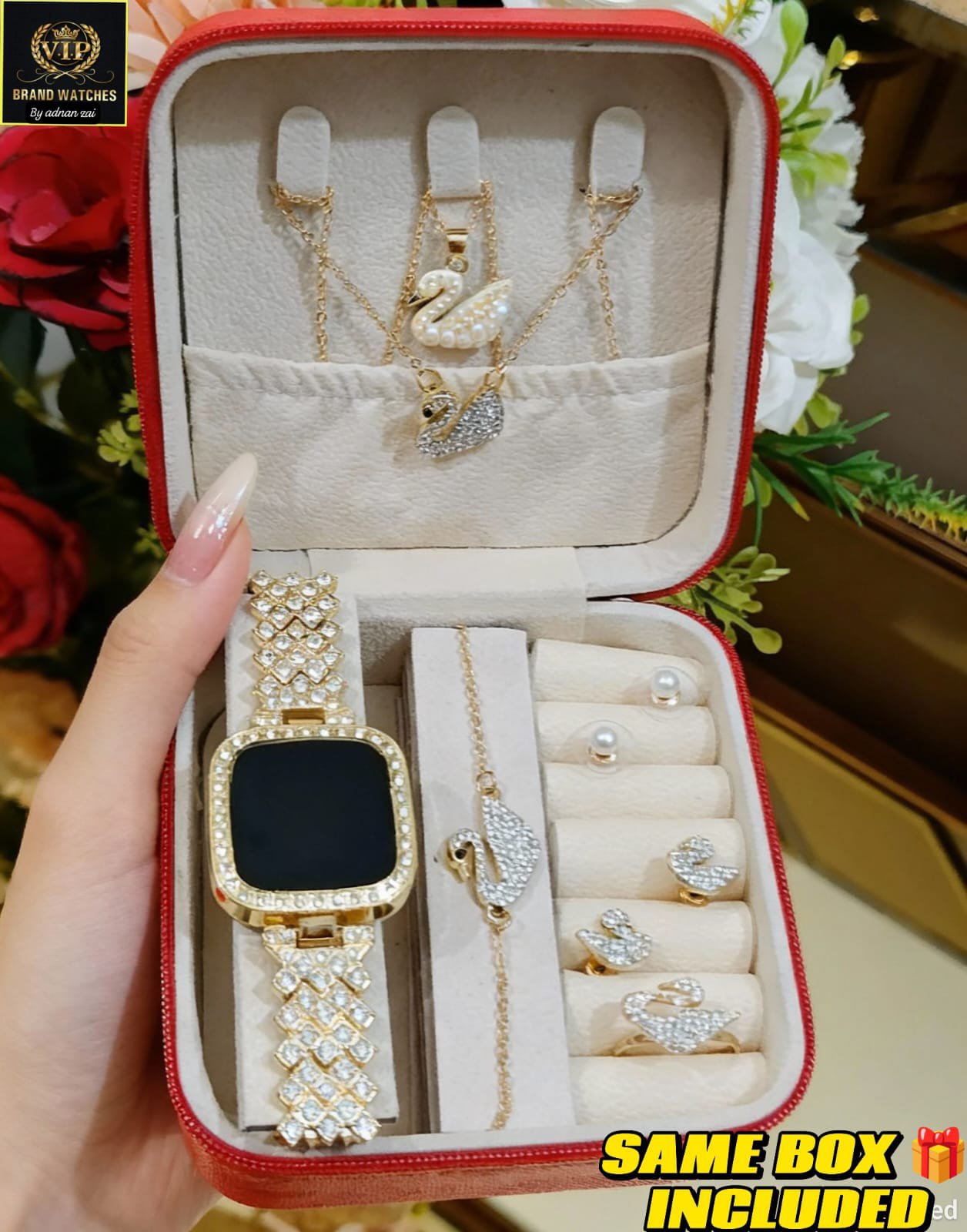 Swarovski Crystal Jewelry Gift Set for Girls & Women | 7 Pc Premium Set with Watch, Ring, Earrings, Bracelet, Locket | LED Touch Screen Watch | Elegant Gift Box - Image 4
