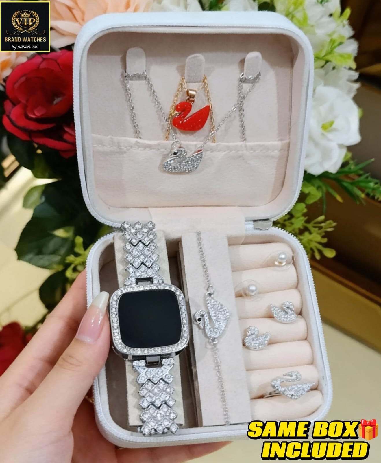 Swarovski Crystal Jewelry Gift Set for Girls & Women | 7 Pc Premium Set with Watch, Ring, Earrings, Bracelet, Locket | LED Touch Screen Watch | Elegant Gift Box - Image 2
