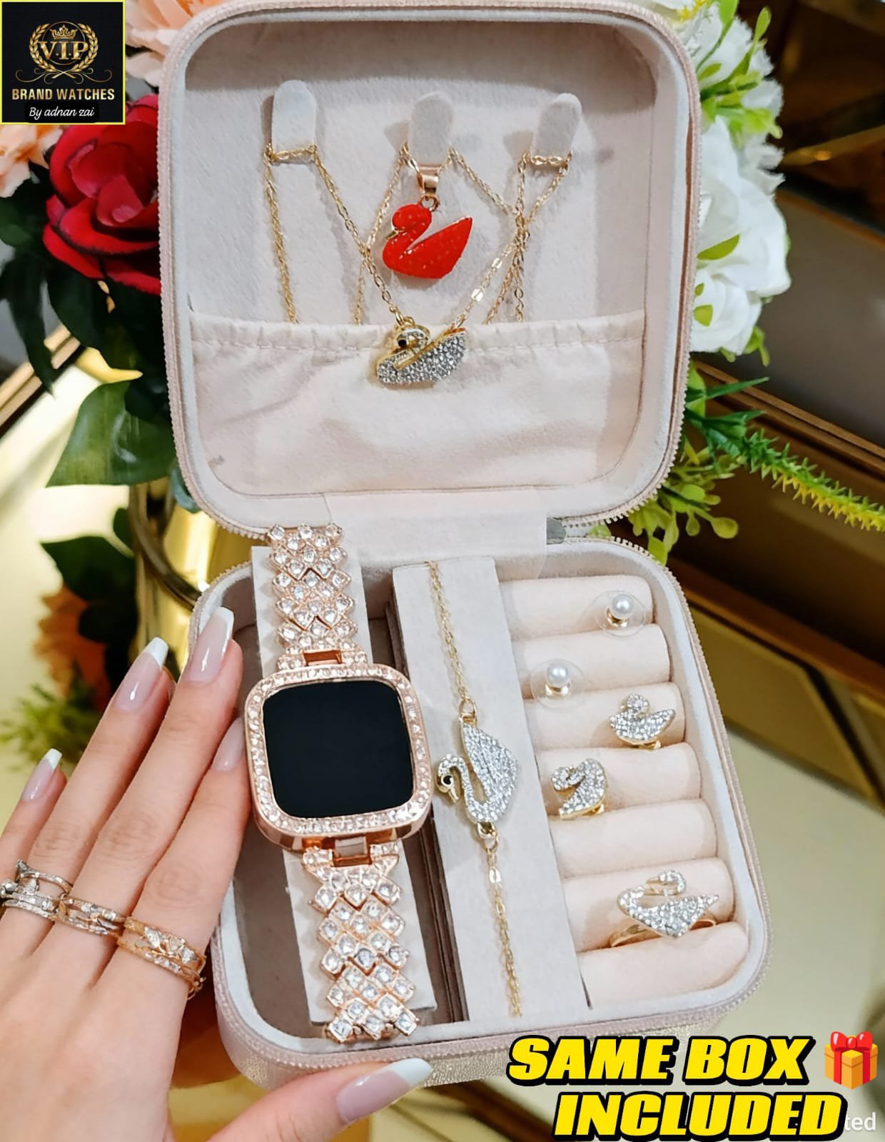Swarovski Crystal Jewelry Gift Set for Girls & Women | 7 Pc Premium Set with Watch, Ring, Earrings, Bracelet, Locket | LED Touch Screen Watch | Elegant Gift Box