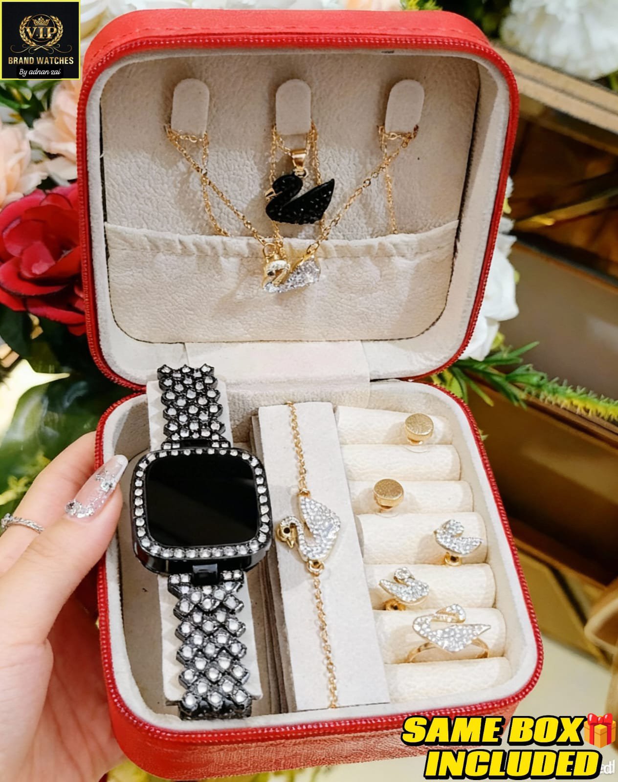 Swarovski Crystal Jewelry Gift Set for Girls & Women | 7 Pc Premium Set with Watch, Ring, Earrings, Bracelet, Locket | LED Touch Screen Watch | Elegant Gift Box - Image 3