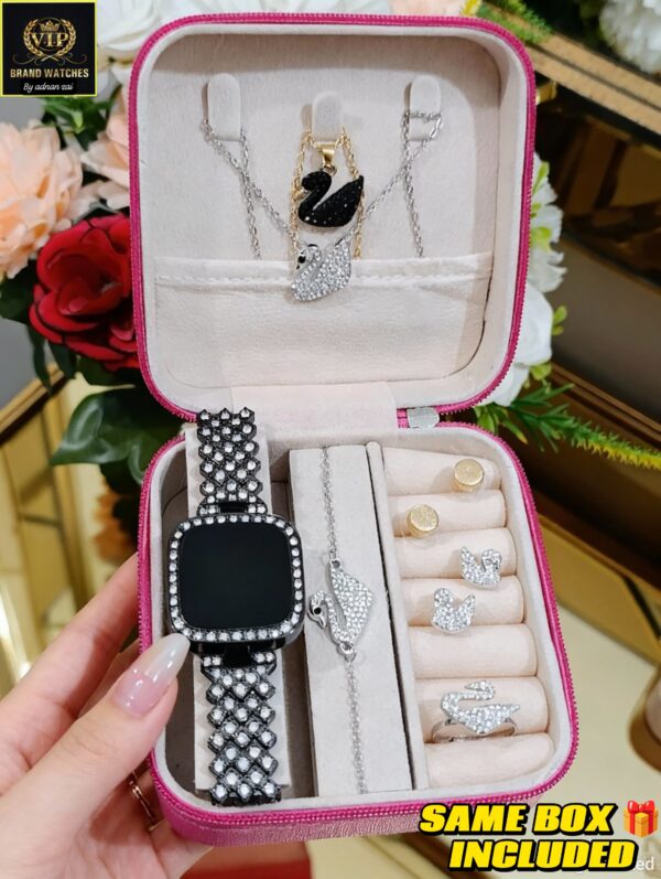 Swarovski Crystal Jewelry Gift Set for Girls & Women | 7 Pc Premium Set with Watch, Ring, Earrings, Bracelet, Locket | LED Touch Screen Watch | Elegant Gift Box - Image 5